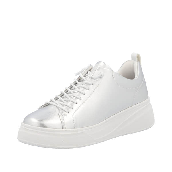 Rieker W2301-90 ladies silver leather lace-up sneakers with chunky sole and sleek design.