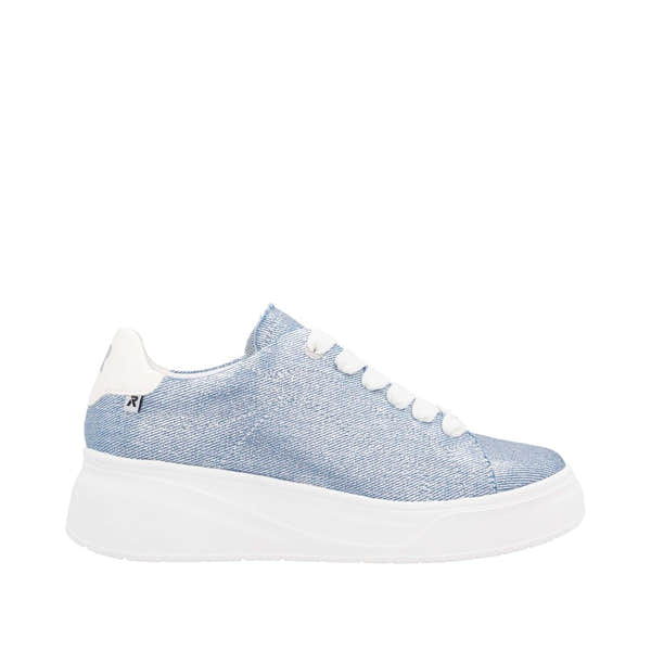 Rieker W2302-14 women's denim textile lace-up trainers with white chunky sole, casual footwear.