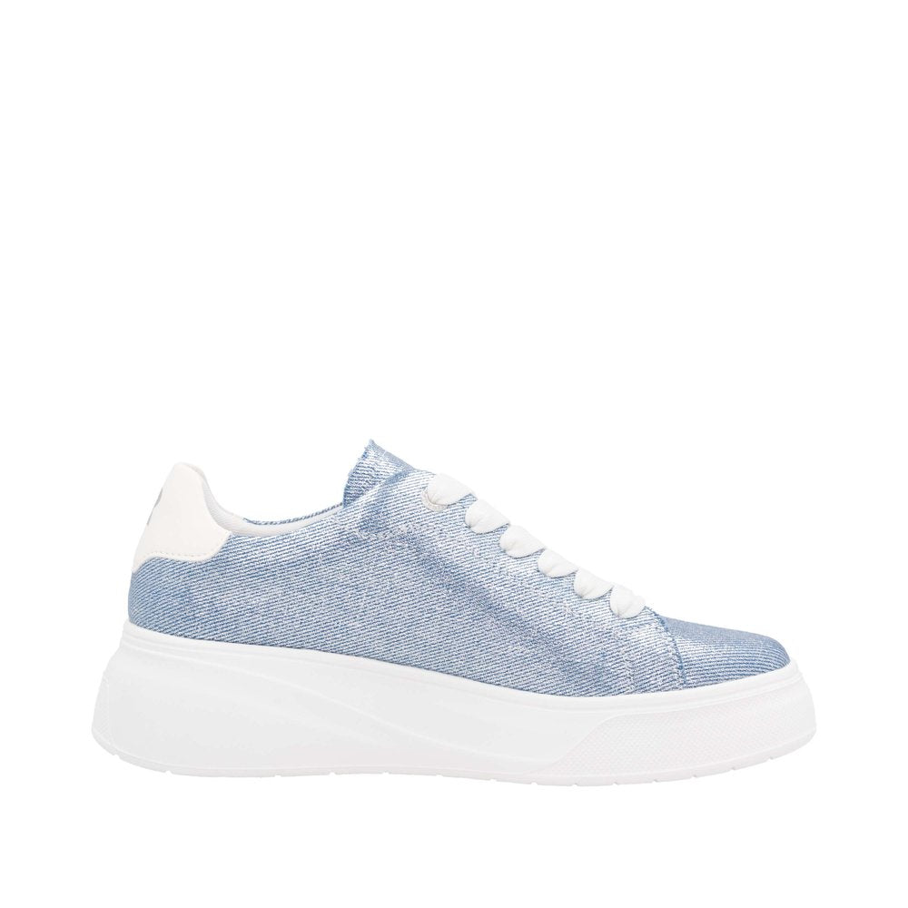 Rieker W2302-14 women's denim lace-up textile trainers with chunky white sole.