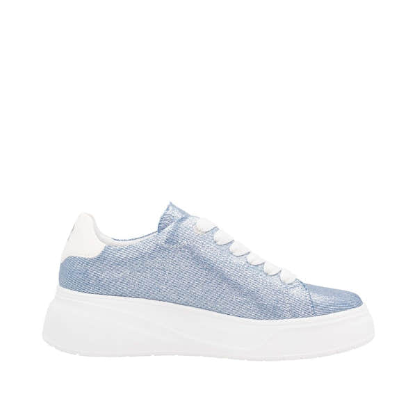 Rieker W2302-14 women's denim lace-up textile trainers with chunky white sole.