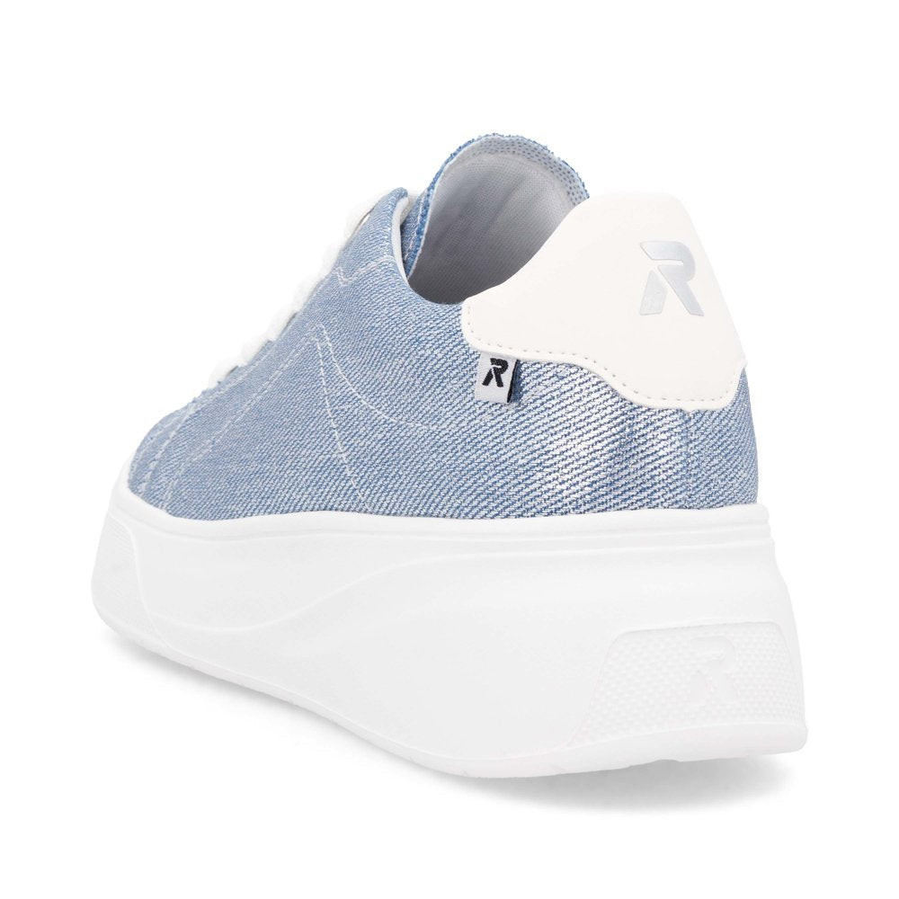 Rieker W2302-14 ladies jeans textile lace-up trainers with white chunky sole and denim upper.