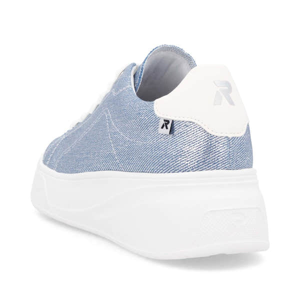 Rieker W2302-14 ladies jeans textile lace-up trainers with white chunky sole and denim upper.