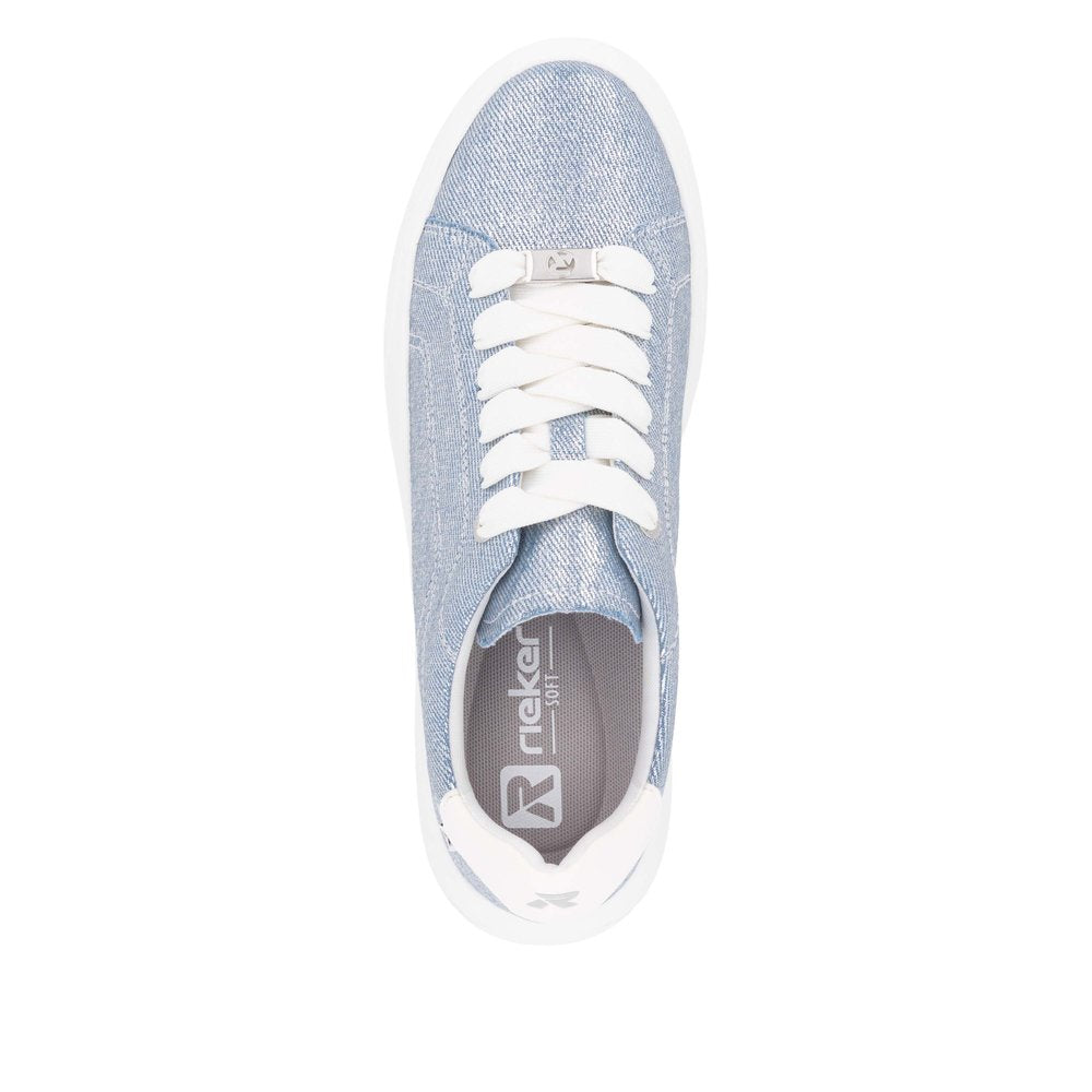 Rieker W2302-14 women's denim lace-up trainers with white soles and textile upper, casual athletic footwear.
