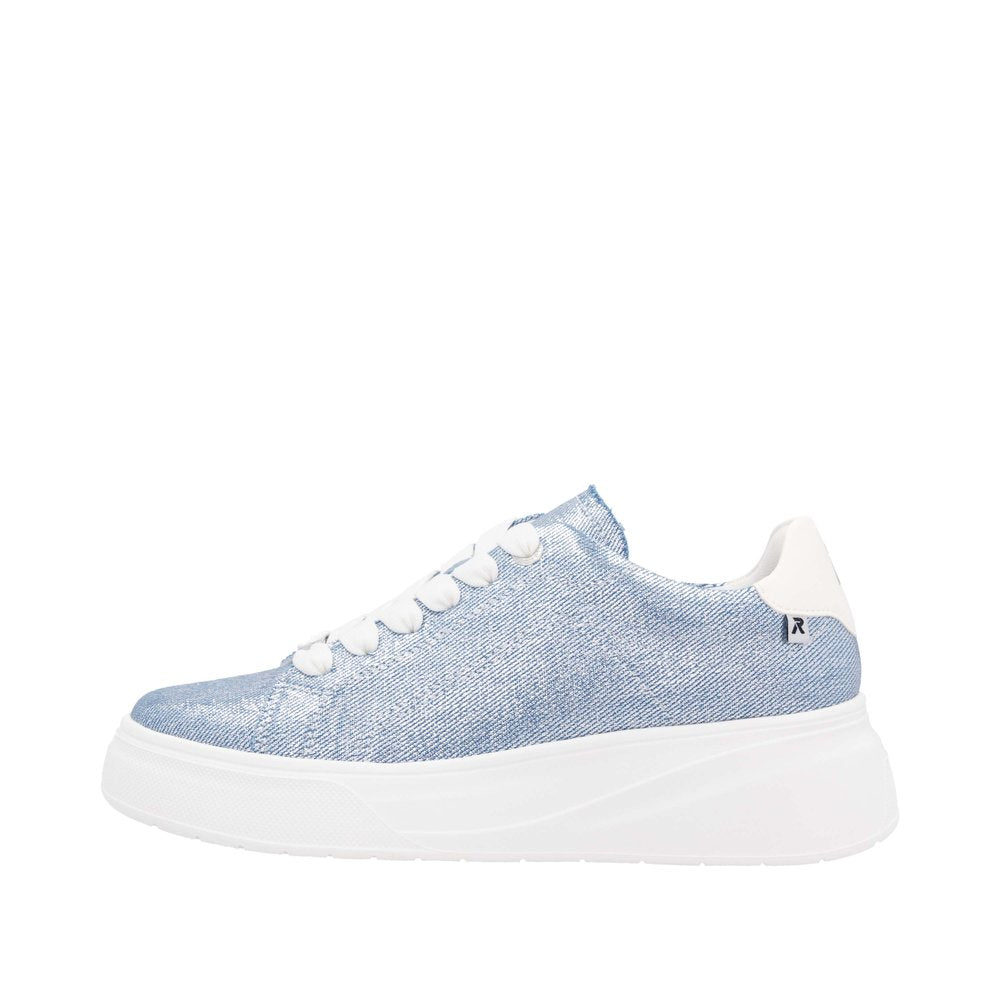 Rieker W2302-14 women's denim-textile lace-up trainers with thick white sole and casual sporty design.