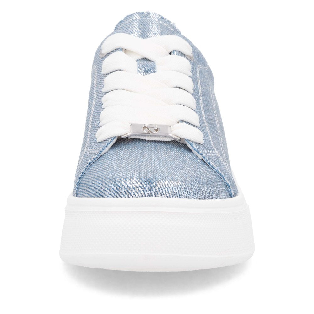 Rieker W2302-14 women's jeans-textile lace-up trainers in light blue with white laces and a chunky white sole.