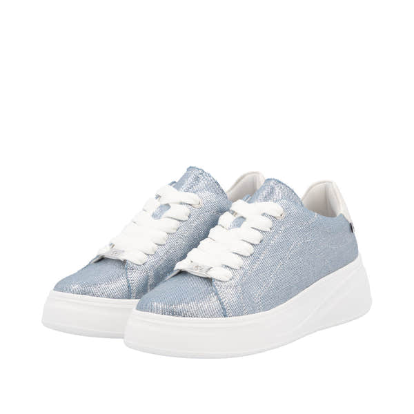 Rieker W2302-14 women’s denim-textile lace-up trainers, white sole, casual trendy footwear.