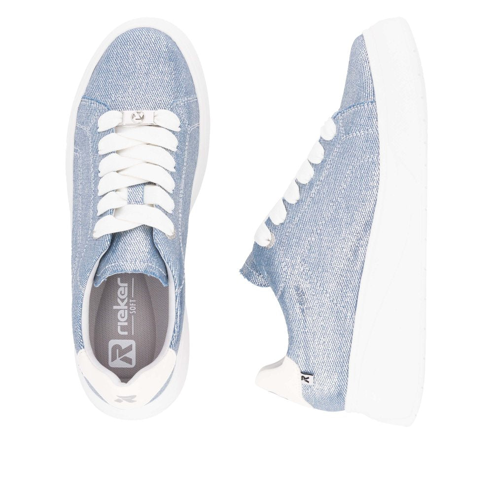 Rieker W2302-14 women's denim lace-up trainers with white soles, lightweight textile upper, casual sporty style.
