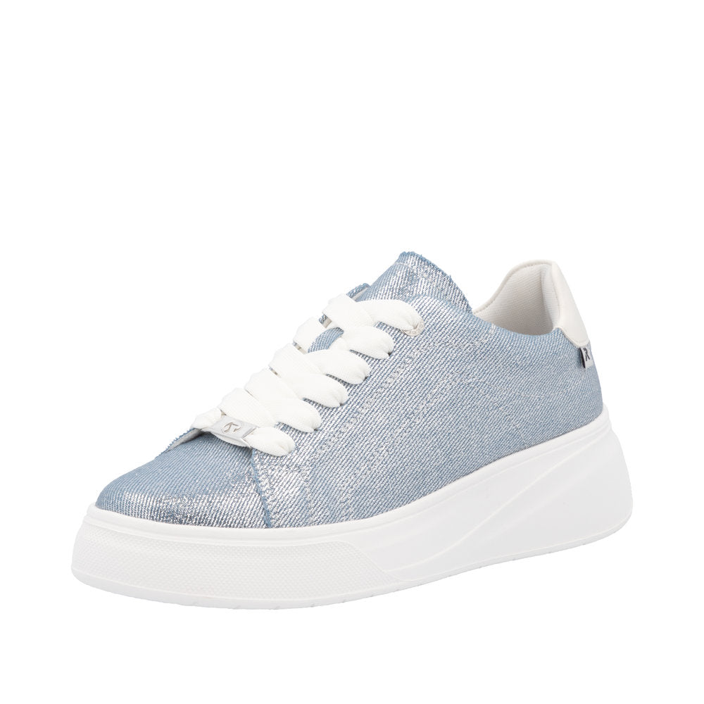 Rieker W2302-14 women's denim-textured lace-up trainers with white sole and cushioned collar.