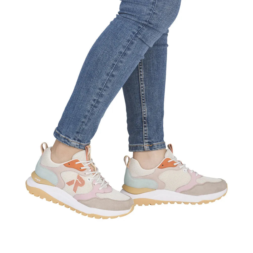 Rieker W2506-61 beige multi textile lace-up trainers with pastel accents, chunky sole, and sporty style.
