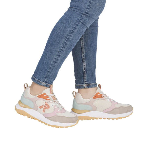 Rieker W2506-61 beige multi textile lace-up trainers with pastel accents, chunky sole, and sporty style.