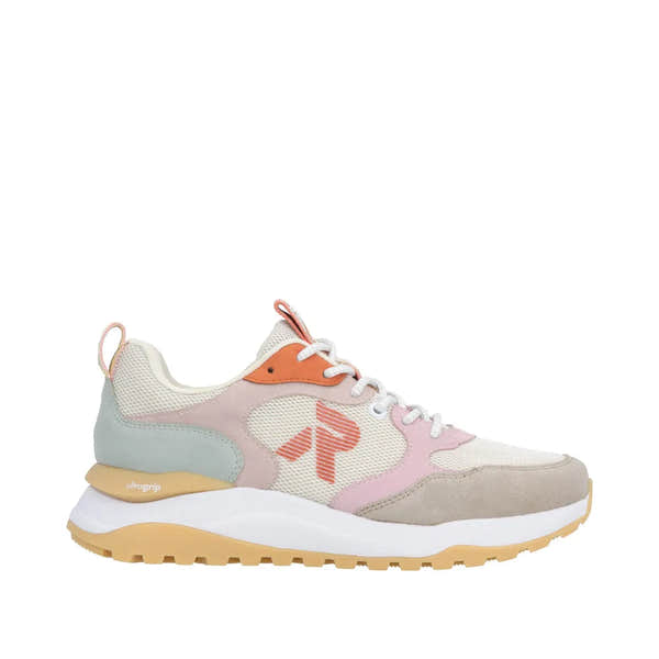 Rieker W2506-61 beige multi textile lace-up trainers with colored overlays, chunky sole, and mesh details.