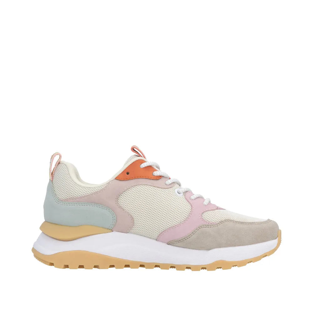 Beige and pastel multi-texture lace-up trainers with white laces, pink, peach, green accents, and beige sole.