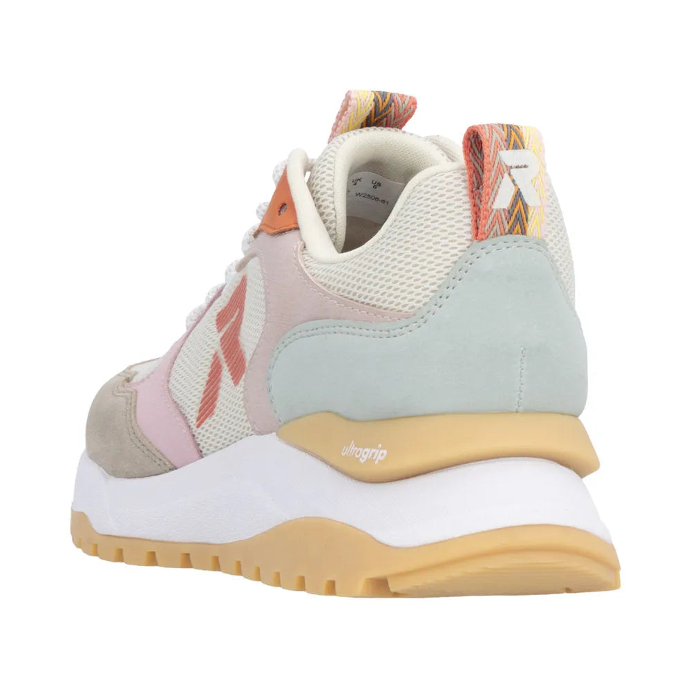 Rieker beige multi textile lace-up trainers with gum sole, padded collar, and colorful pull tabs at heel.
