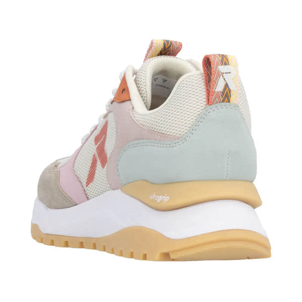 Rieker beige multi textile lace-up trainers with gum sole, padded collar, and colorful pull tabs at heel.