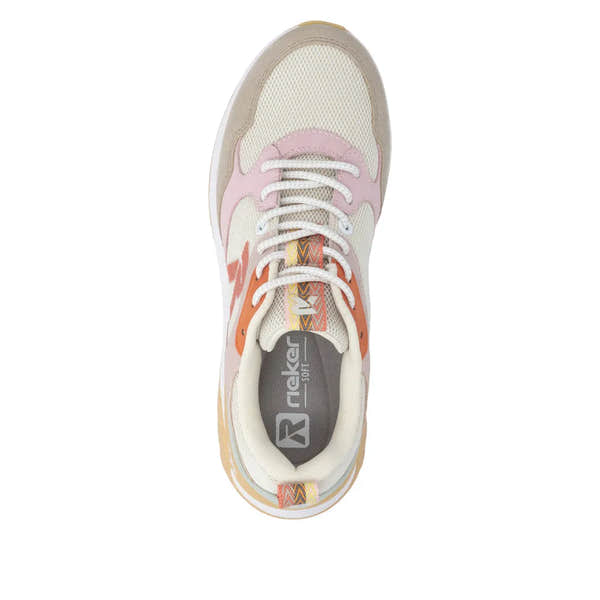 Lady's beige multi-textile lace-up trainers with pink, orange, and patterned details, cushioned collar, and white laces.