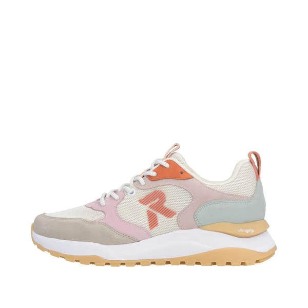 Rieker W2506-61 beige, multi-textile lace-up trainers with orange, pink, and blue accents, cushioned midsole, and rugged outsole.