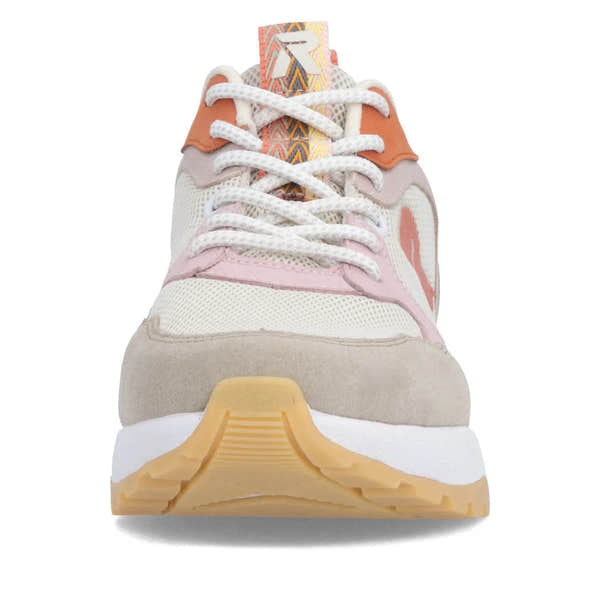 Rieker Ladies Beige Multi Textile Lace-Up Trainers with white laces, beige, pink, orange, and patterned accents, chunky sole.