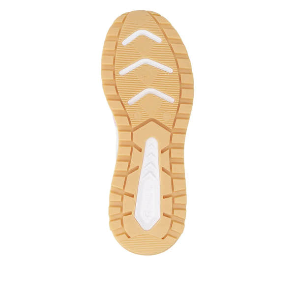 Beige textile lace-up trainers with white accents and a chunky rubber sole, designed for comfort and casual style.