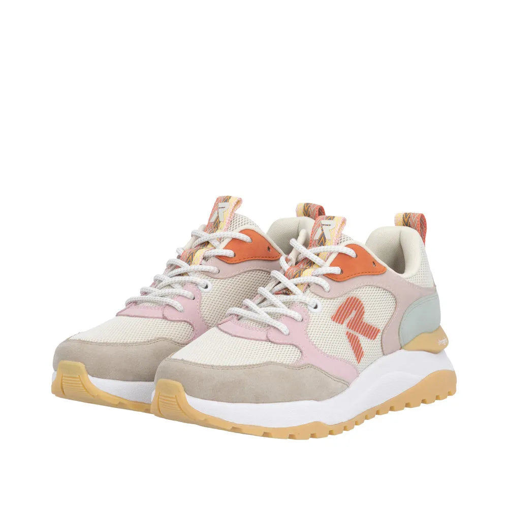 Rieker W2506-61 ladies beige multi textile lace-up trainers with pastel accents, cushioned collar, and chunky sole.