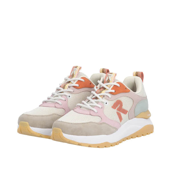 Rieker W2506-61 ladies beige multi textile lace-up trainers with pastel accents, cushioned collar, and chunky sole.