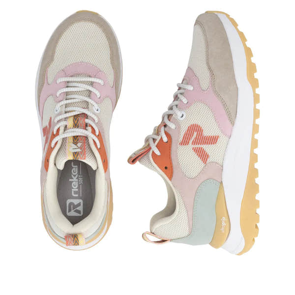 Rieker W2506-61 beige multi-textile lace-up trainers with mesh, pastel accents, rubber sole, and cushioned insole.