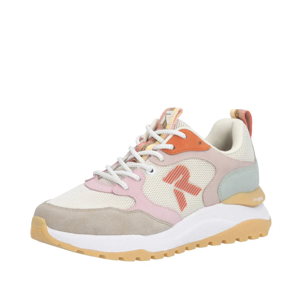 Rieker W2506-61 ladies beige multi textile lace-up trainers with mesh and suede accents, cushioned collar, and chunky sole.