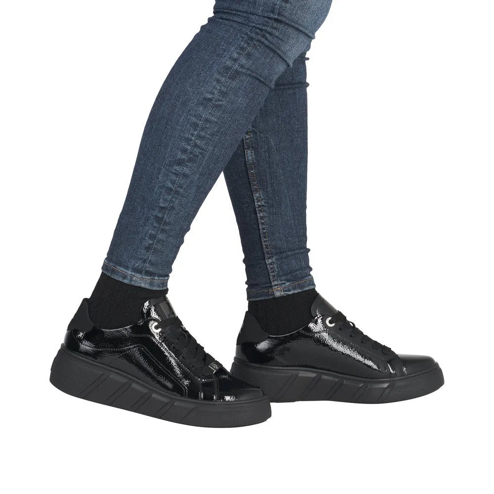Rieker W2601-00 black patent leather lace-up trainers for women, stylish chunky sole, casual sneaker footwear.