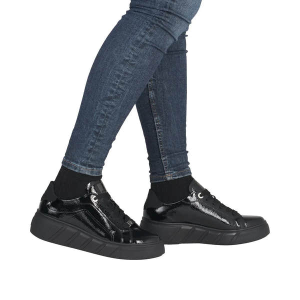 Rieker W2601-00 black patent leather lace-up trainers for women, stylish chunky sole, casual sneaker footwear.