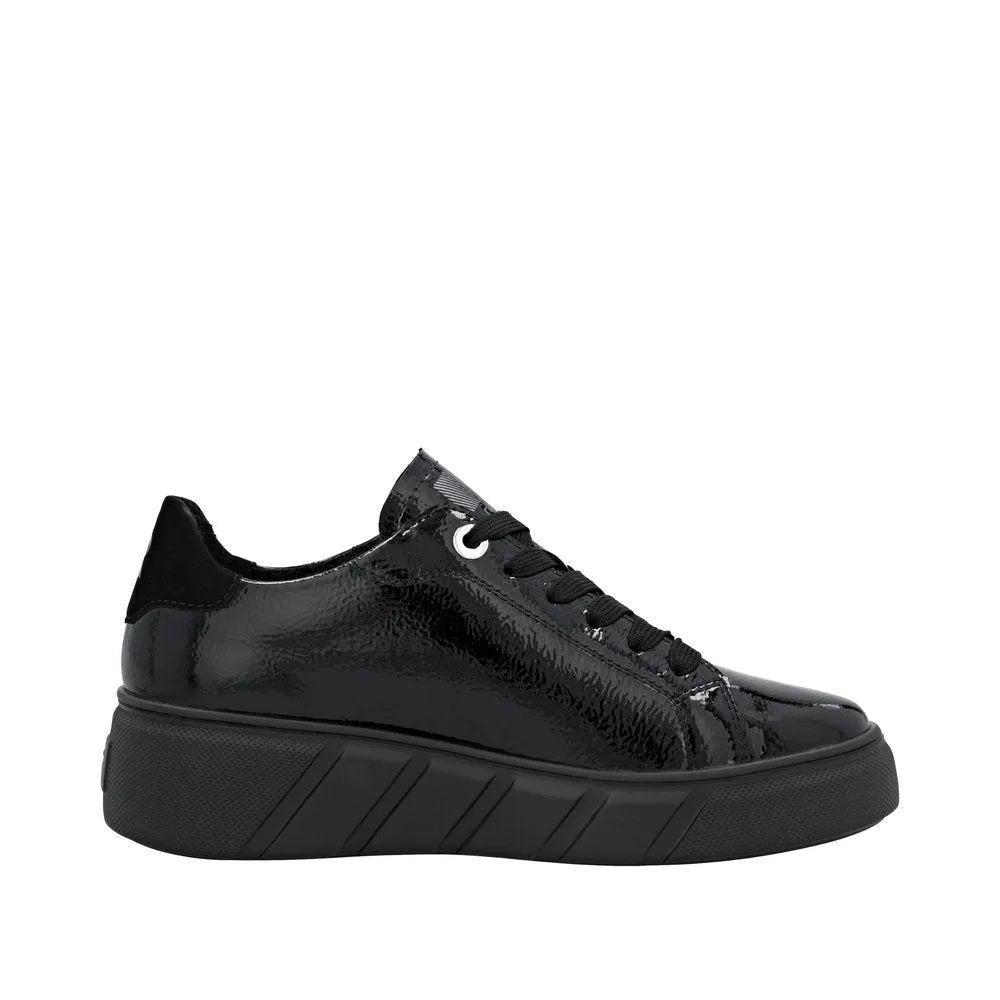 Rieker W2601-00 women's black patent leather lace-up trainers with chunky sole and sleek design.