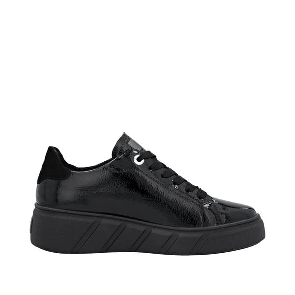 Rieker W2601-00 Ladies' black patent leather lace-up trainers with chunky sole and sleek, glossy finish.