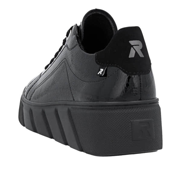 Rieker W2601-00 Ladies Black Patent Leather Lace-Up Sneakers with chunky sole and logo detail.
