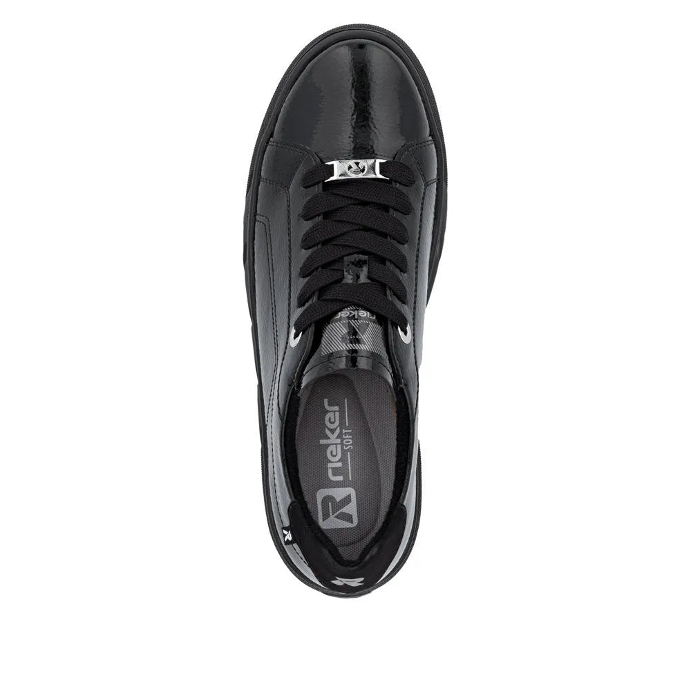 Rieker W2601-00 women's black patent leather lace-up trainers with cushioned insole and sporty design.
