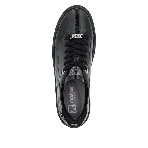 Rieker W2601-00 women's black patent leather lace-up trainers with cushioned insole and sporty design.