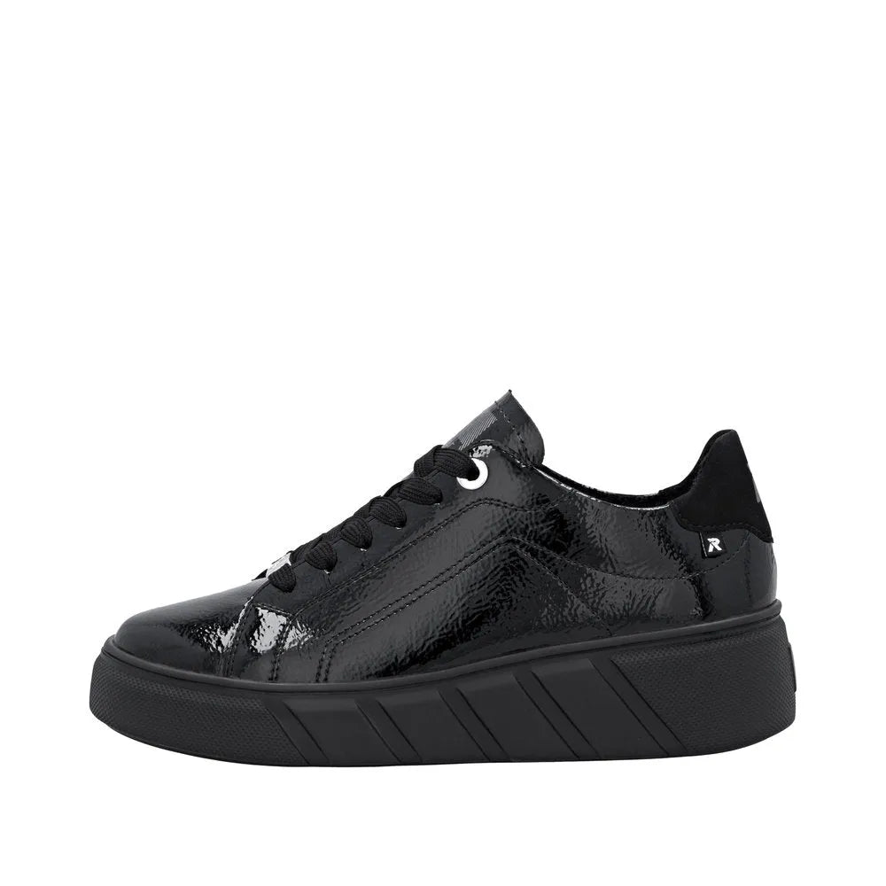 Rieker W2601-00 Ladies Black Patent Leather Lace-Up Trainers with chunky sole and tonal laces.