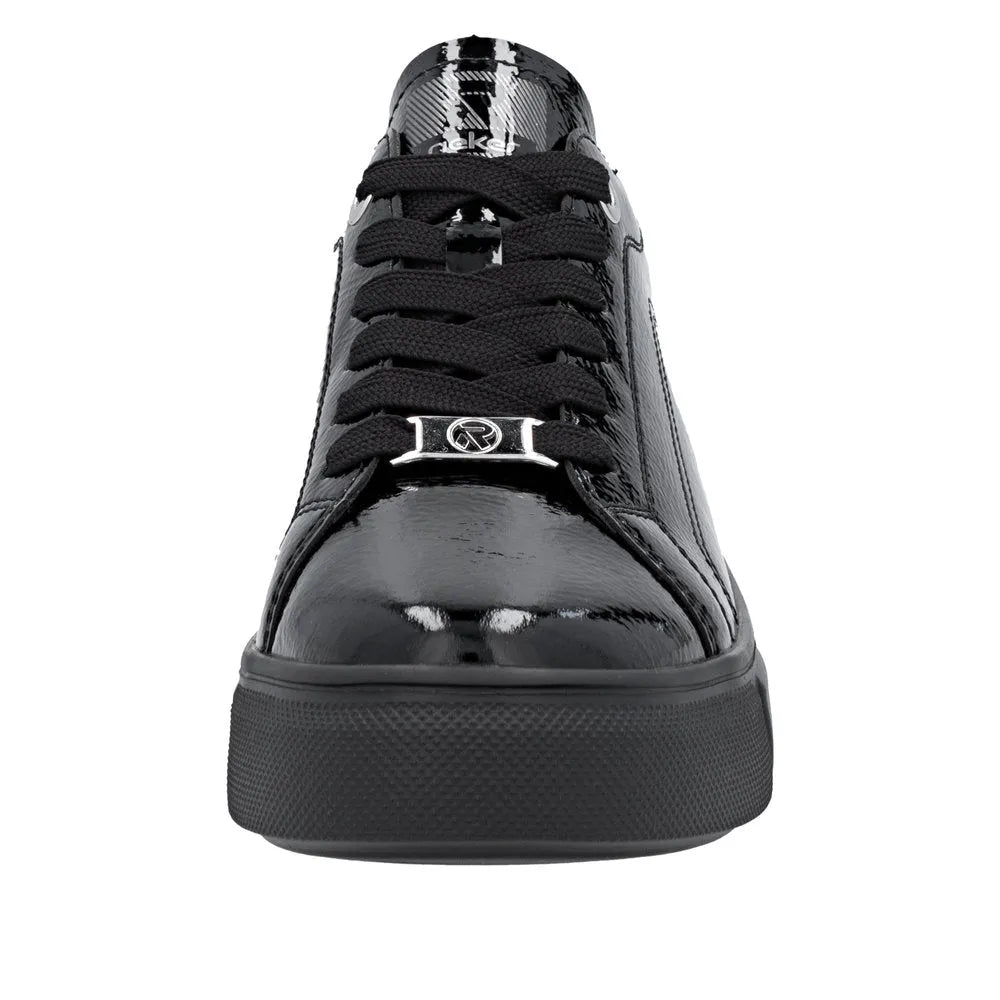 Rieker W2601-00 Ladies Black Patent Leather Lace-Up Trainers with chunky sole and stylish metal logo detail.