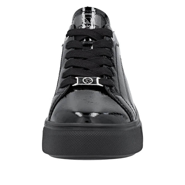 Rieker W2601-00 Ladies Black Patent Leather Lace-Up Trainers with chunky sole and stylish metal logo detail.