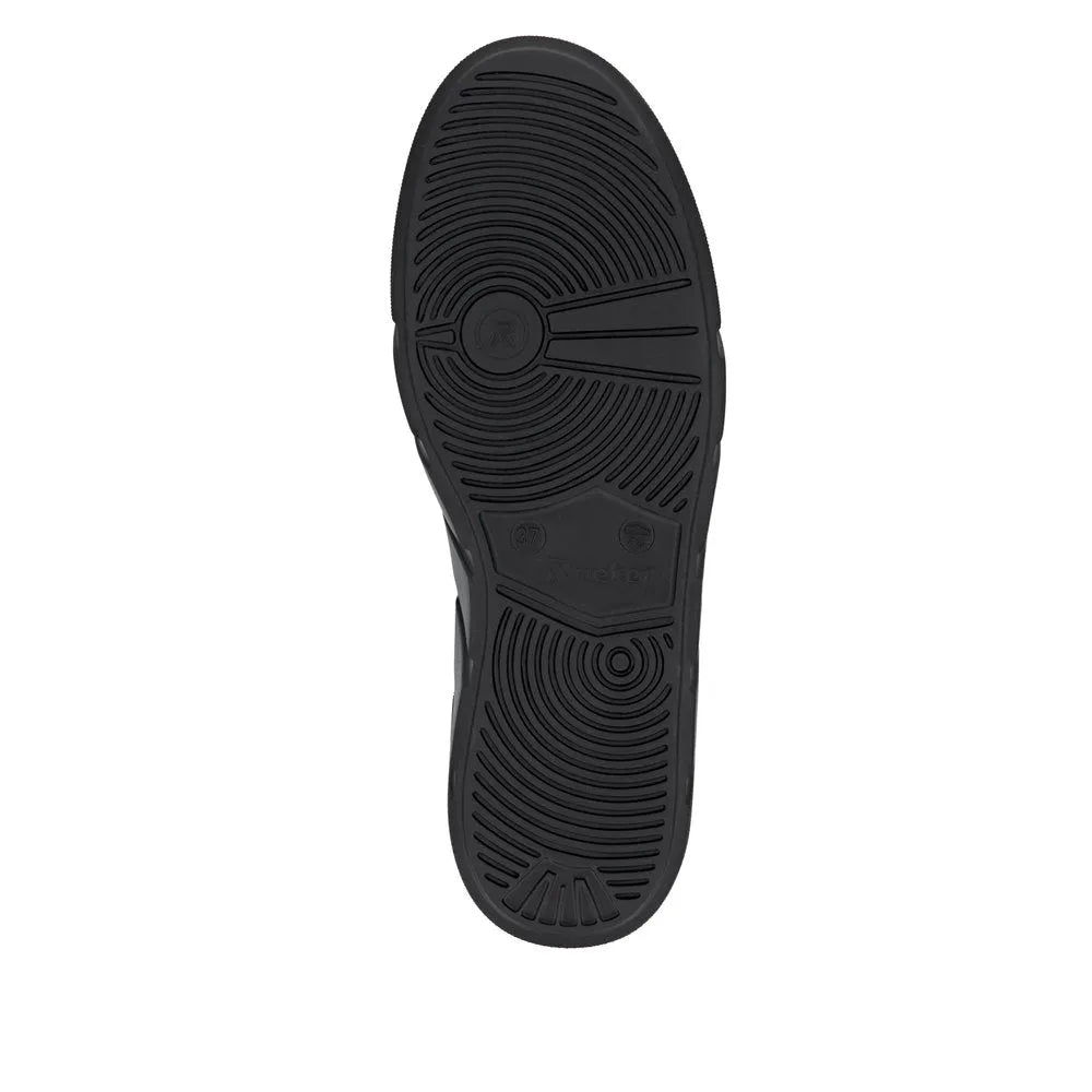 Rieker W2601-00 women's black patent leather lace-up trainers with rubber sole, stylish and comfortable footwear.