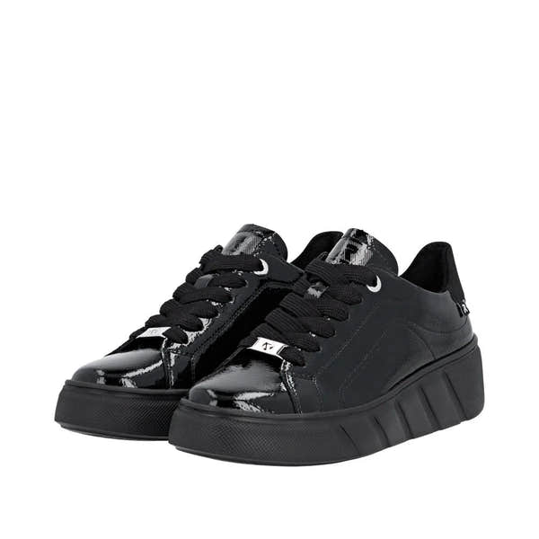 Rieker W2601-00 women's black patent leather lace-up trainers with a chunky sole and stylish design.