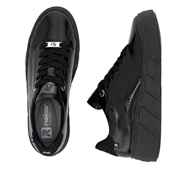 Rieker W2601-00 women's black patent leather lace-up trainers with chunky sole and sleek finish.