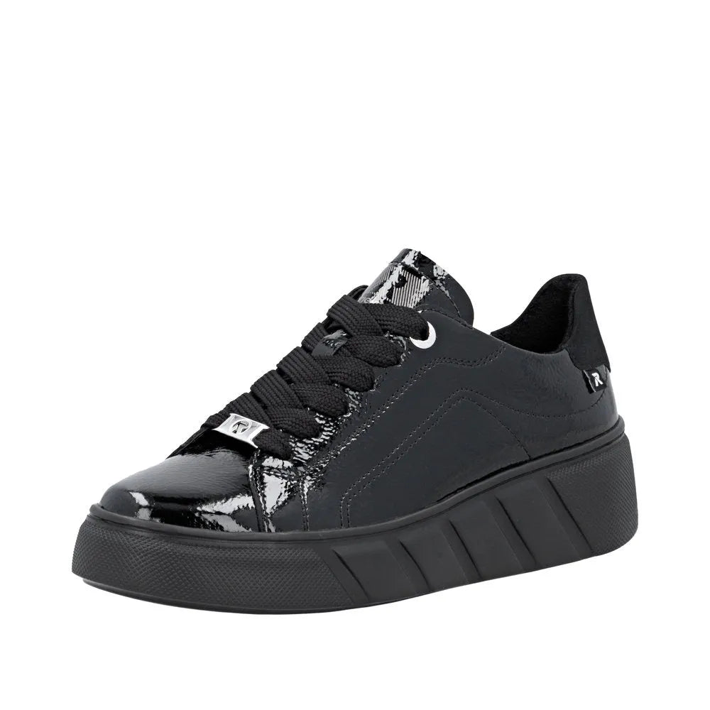 Rieker W2601-00 women's black patent leather lace-up sneakers with chunky sole and stylish design.