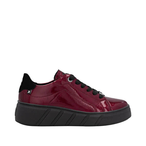 Rieker W2601-35 women's red patent leather lace-up trainers with black sole and accents.