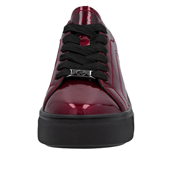 Rieker W2601-35 women's red patent leather lace-up trainers with black laces and chunky rubber sole.