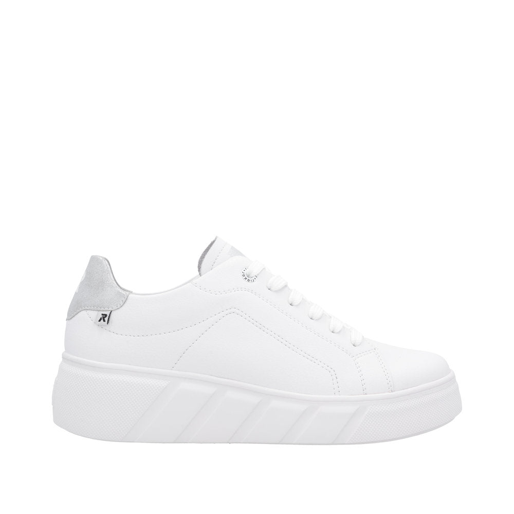 Rieker W2601-80 women's white leather lace-up trainers with chunky sole and silver heel detail.