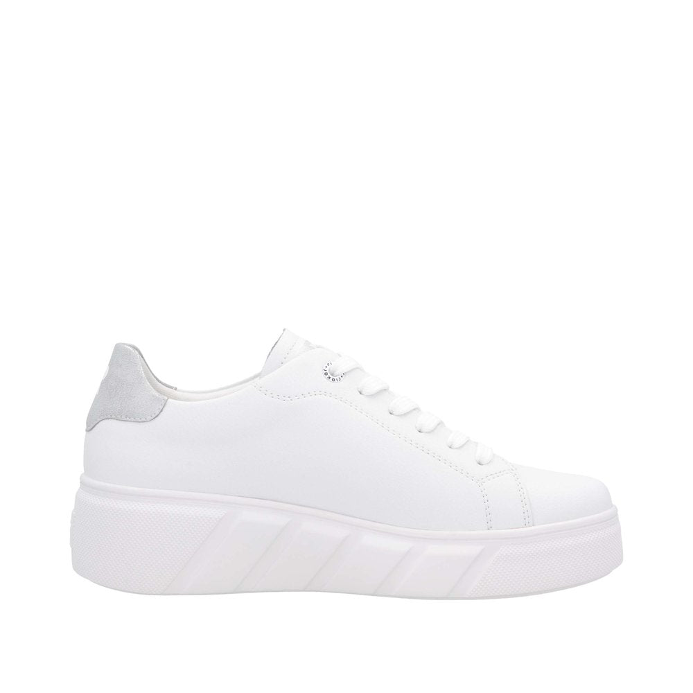 Rieker W2601-80 women's white leather lace-up trainers with chunky sole and grey heel detail.