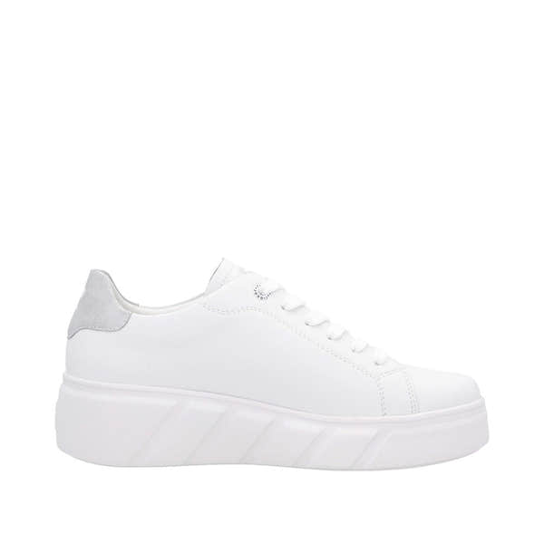 Rieker W2601-80 women's white leather lace-up trainers with chunky sole and grey heel detail.