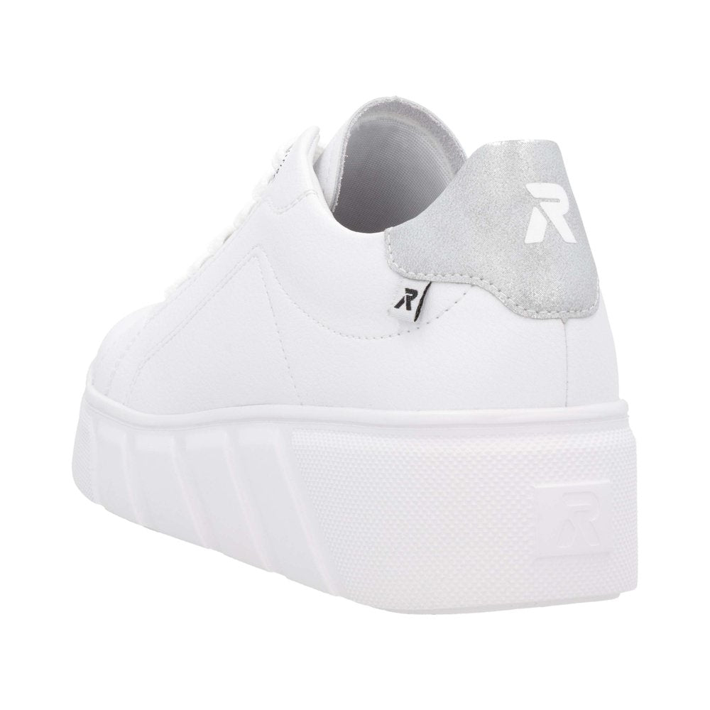 Rieker W2601-80 women's white leather lace-up trainers with chunky sole and grey heel detail.