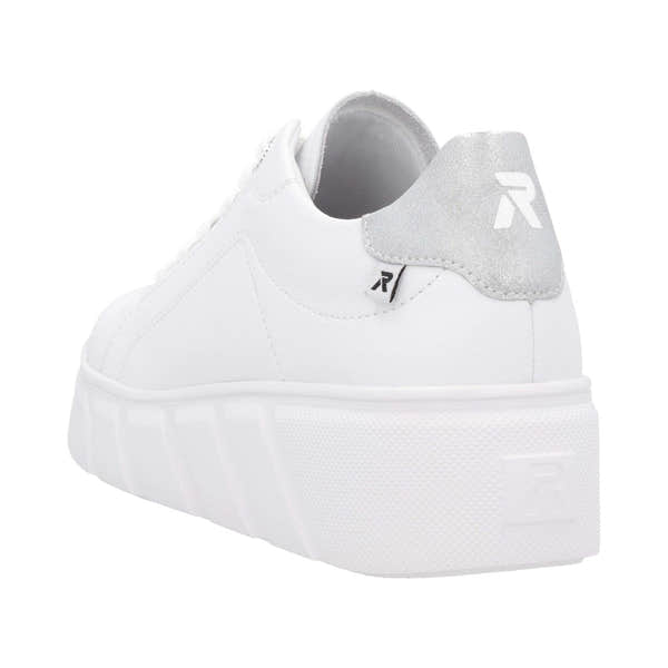 Rieker W2601-80 women's white leather lace-up trainers with chunky sole and grey heel detail.