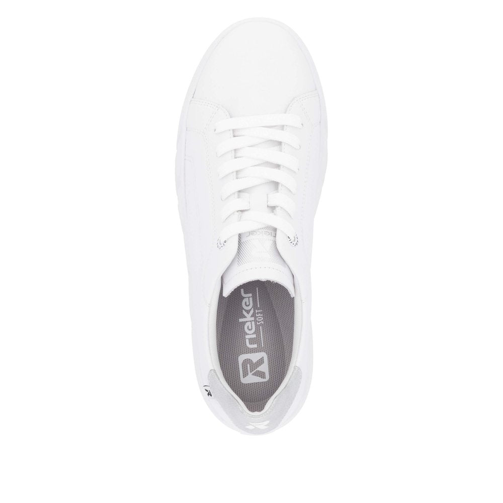 Rieker W2601-80 women's white leather lace-up trainers, casual sneaker with clean design and cushioned interior.