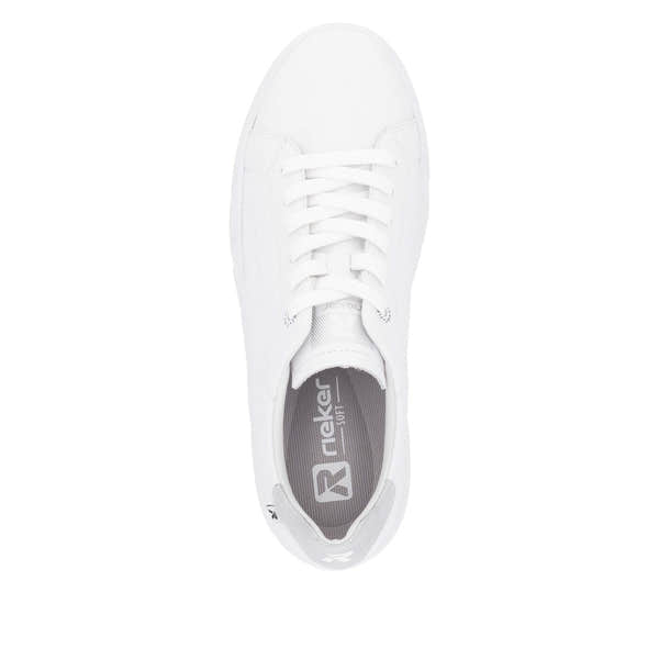 Rieker W2601-80 women's white leather lace-up trainers, casual sneaker with clean design and cushioned interior.