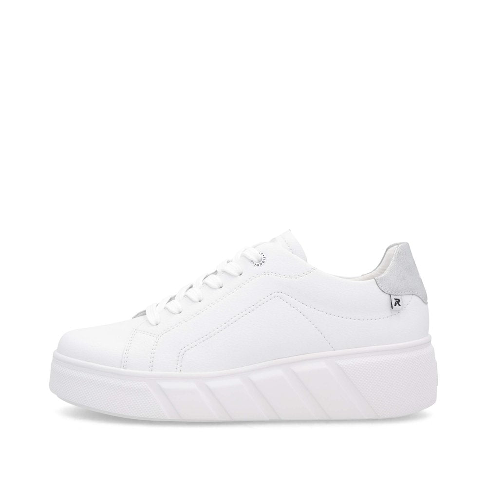 Rieker W2601-80 white leather lace-up trainers for women, chunky sole, sporty and casual sneaker style.